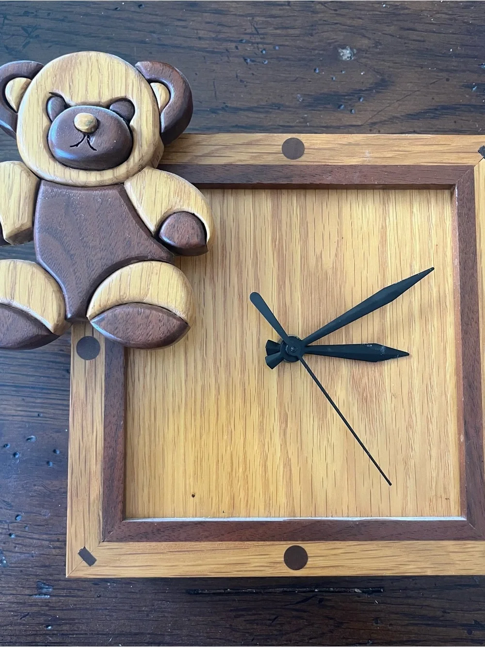Handcrafted Wooden Inlay  Teddy Bear Clock Quartz Battery Operated Nursery Decor